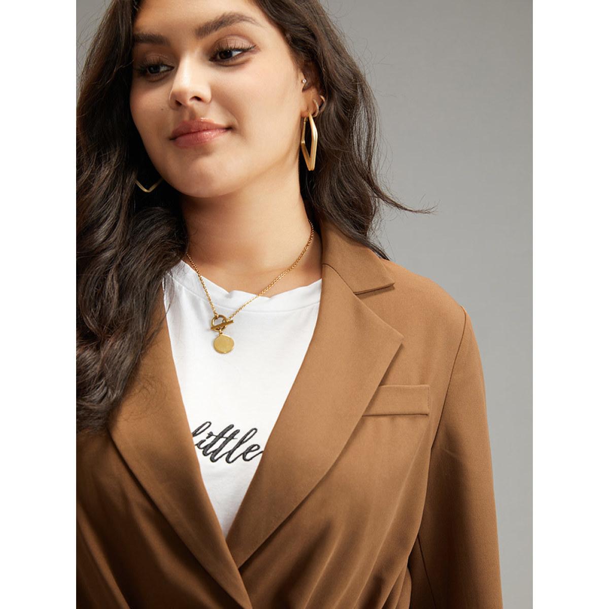 Plus Size Drawstring Flap Pocket Blazer Bronze Women Dailywear Plain Plain Sleeve Long Sleeve Suit Collar 10/M Pocket Casual Blazers BloomChic Product Image