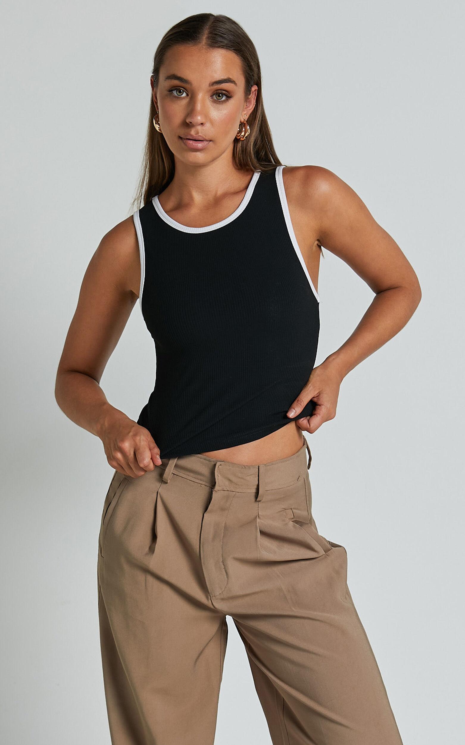 Lacey Top - Scoop Neck Contrast Bind Detail Top in Black/White Product Image