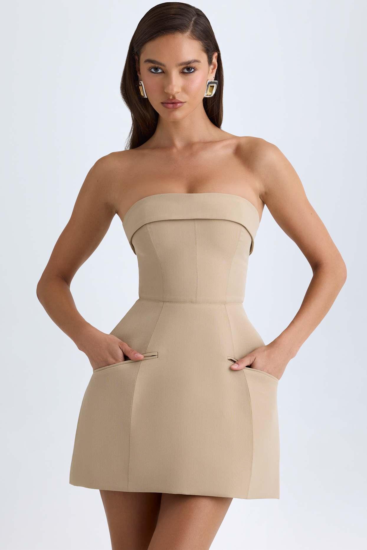 Foldover-Neck Structured Tulip Mini Dress in Camel Product Image
