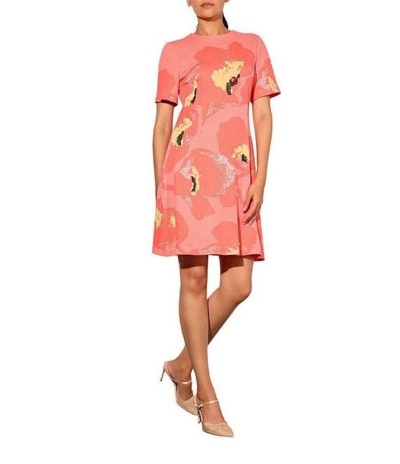 Ming Wang Jacquard Embroidered Floral Crew Neck Short Sleeve Dress Product Image