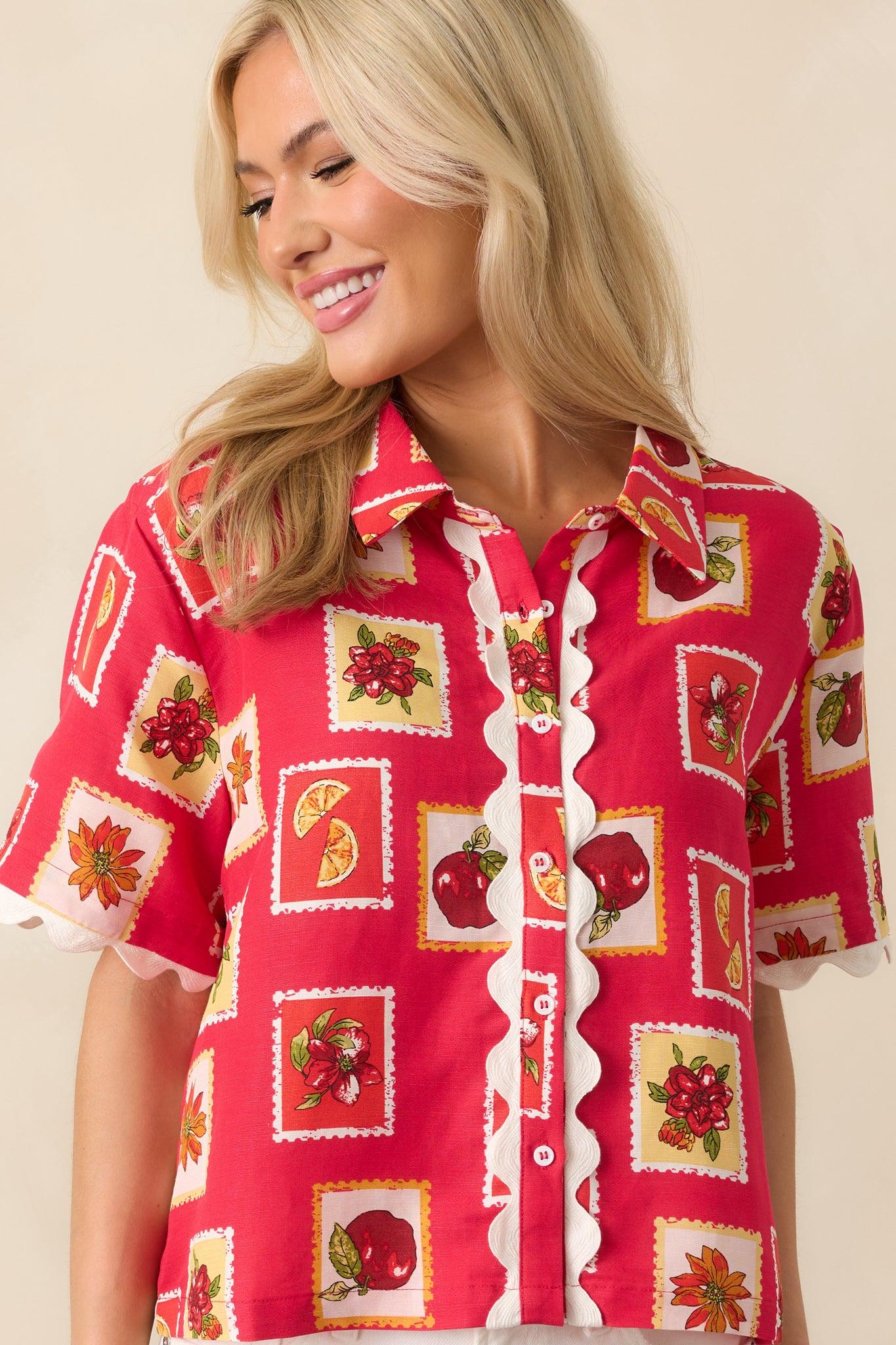 Peace Within Red Patchwork Print Linen Blend Button Front Top Product Image