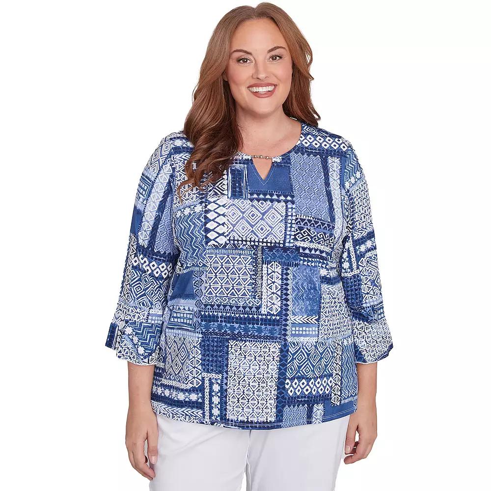 Plus Size Alfred Dunner Beaded Splitneck Patchwork Top, Women's, Size: 1XL, Blue Product Image