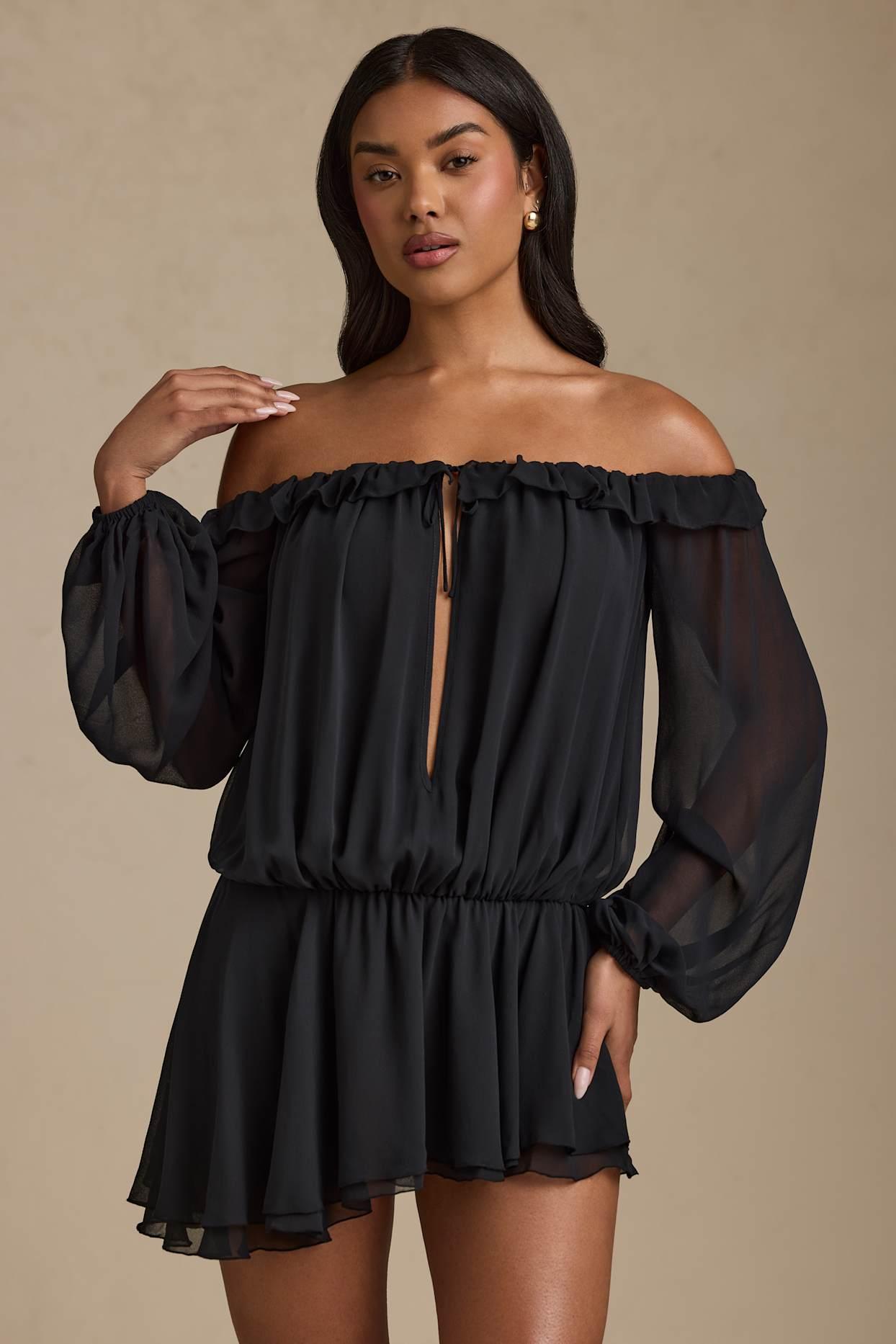 Off-Shoulder Asymmetric Balloon-Sleeve Mini Dress in Black Product Image