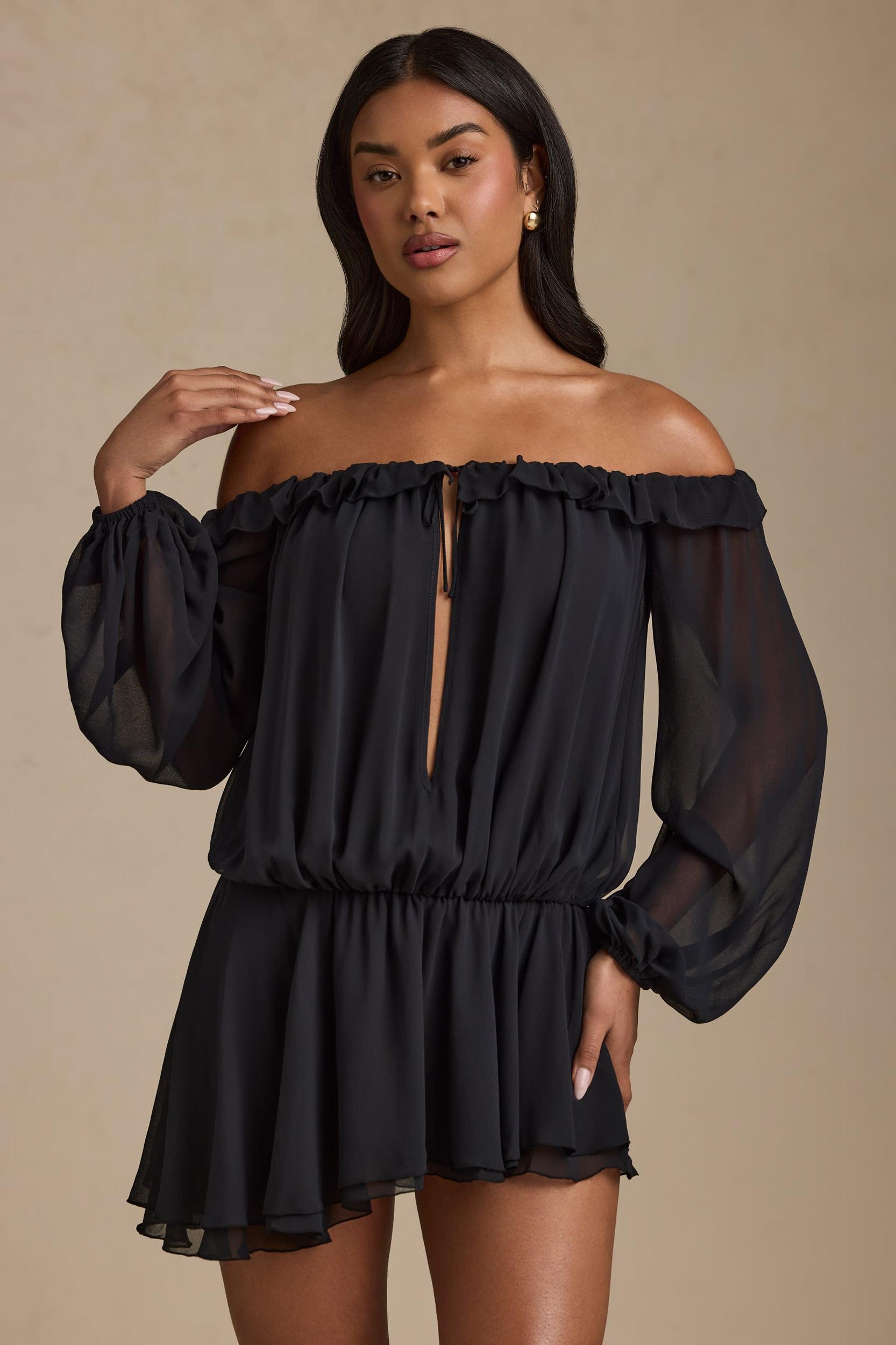 Off-Shoulder Asymmetric Balloon-Sleeve Mini Dress in Black Product Image