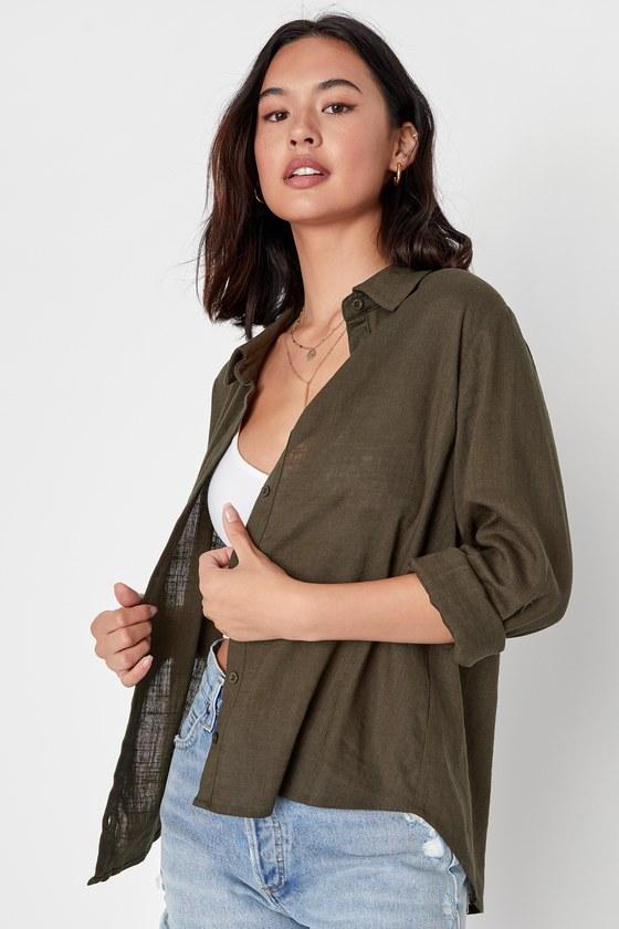 Breezy Energy Olive Green Linen Long Sleeve Button-Up Top Product Image