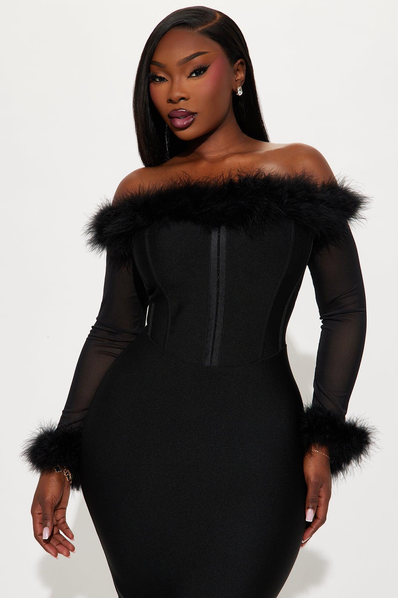 Fur Real Corset Waist Bandage Midi Dress - Black Female Product Image