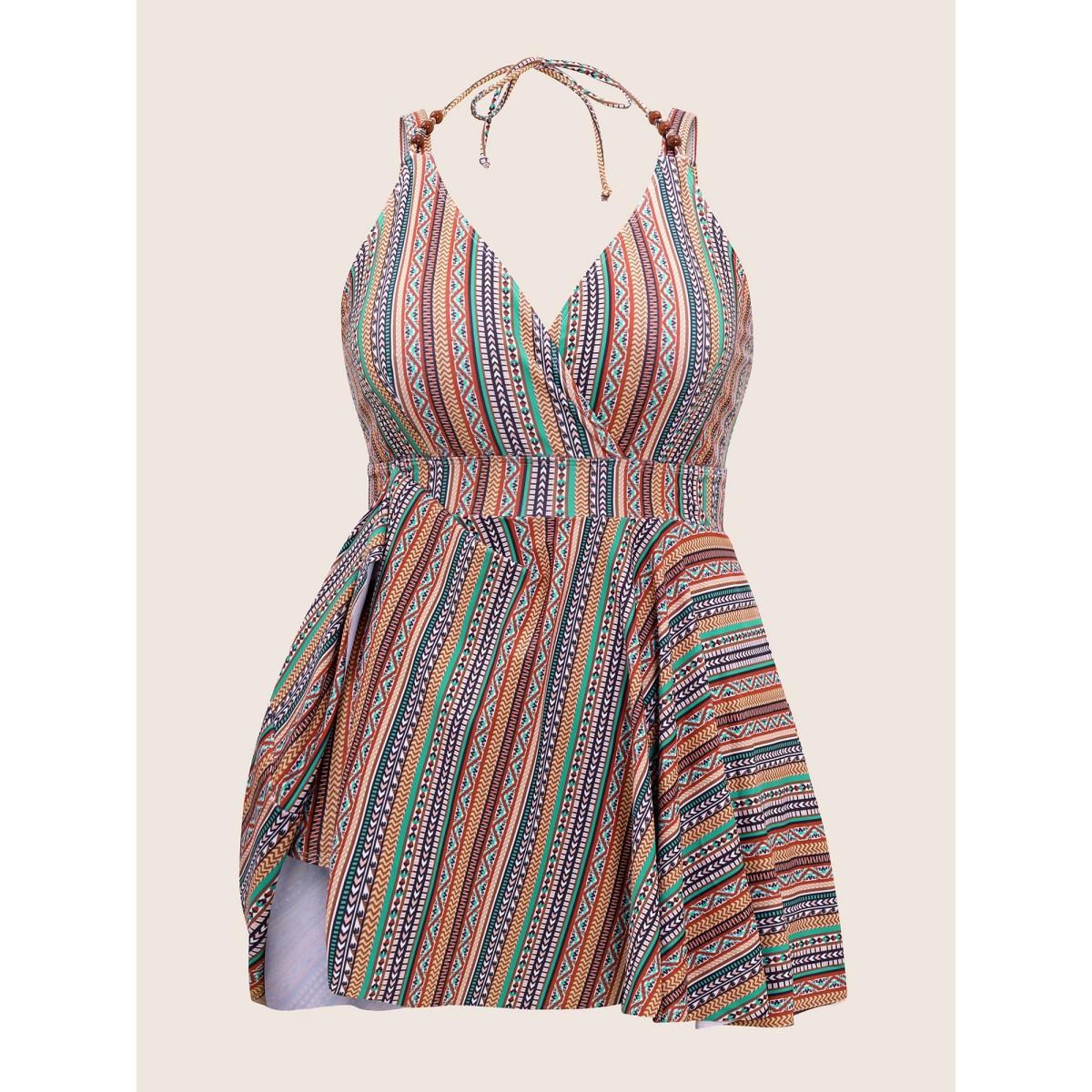 Plus Size Bandana Striped Print Adjustable Straps Swim Dress Women's Swimwear Multicolor Beach Bodycon V-neck High stretch Curve Swim Dresses BloomChic 22-24/3X Product Image