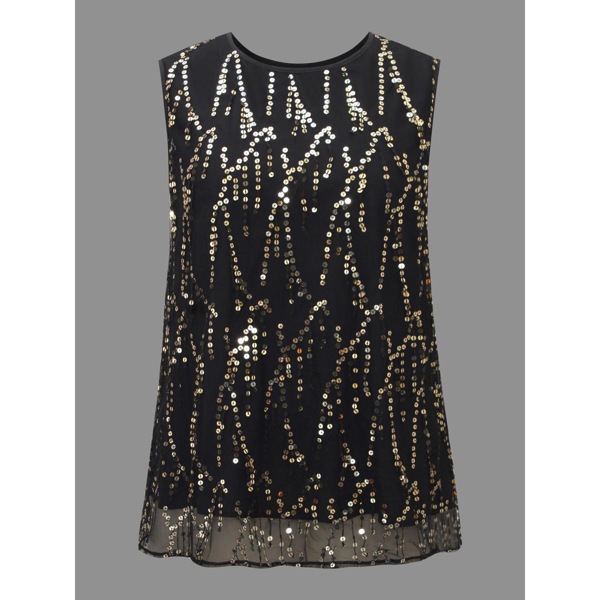 Plus Size Sequin Mesh Tassel Trim Tank Top Women Black Elegant Tassels Round Neck Everyday Tank Tops Camis BloomChic 14-16/1X Product Image