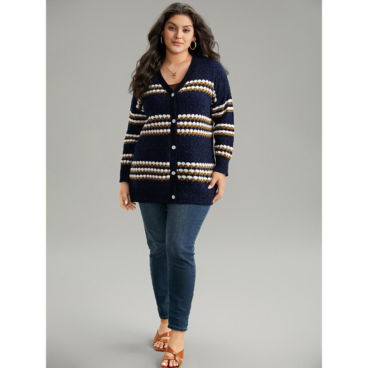 Plus Size Chenille Geo Button Through Cardigan Multicolor Women Casual Loose Long Sleeve Dailywear Cardigans BloomChic 10/M Product Image