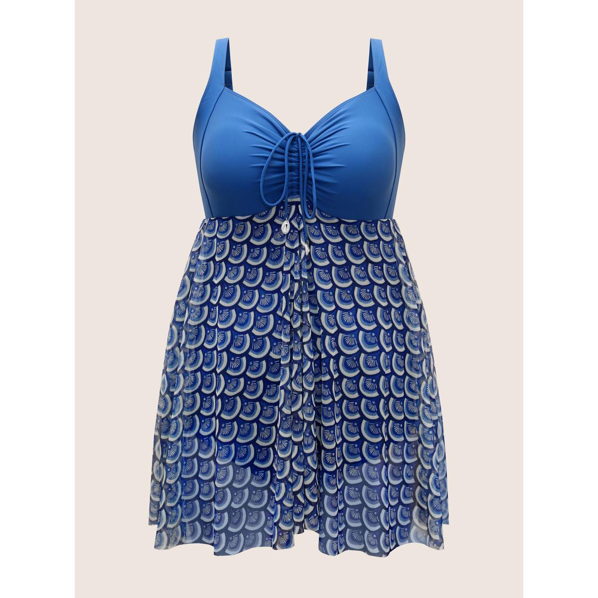 Plus Size Marine Elements Patchwork Drawstring Mesh Swim Dress Women's Swimwear Mediumblue Beach Bodycon Heart neckline High stretch Curve Swim Dresses BloomChic 10/M Product Image