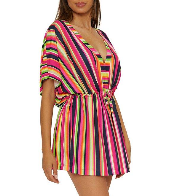 Trina Turk Anniversary Stripe V-Neck Cinched Drawcord Waist Tunic Swim Cover-Up Product Image