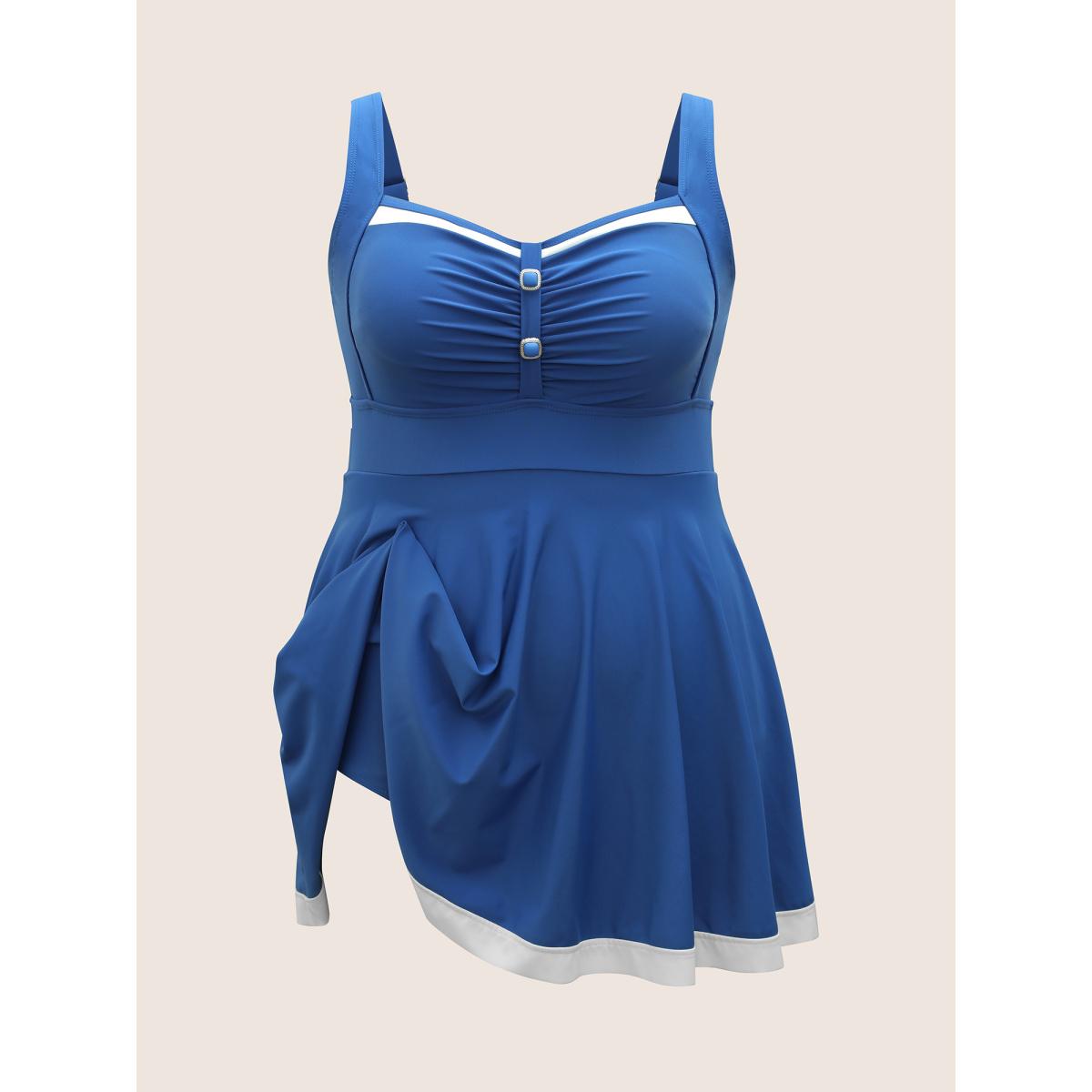 Plus Size Plain Patchwork Ruched Button Detail Swim Dress Women's Swimwear Blue Beach Bodycon Heart neckline High stretch Curve Swim Dresses BloomChic 14-16/1X Product Image