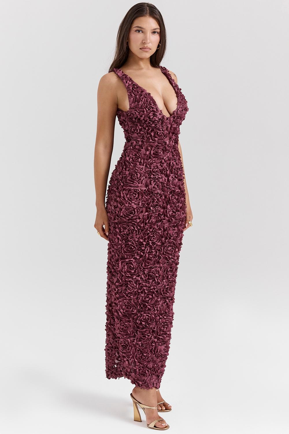 Carena  merlot plunge floral appliqué maxi dress Product Image