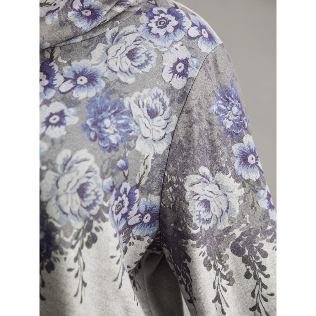 Plus Size Boho Print Mock Neck T-shirt Gray Women Casual Plain Floral Mock Neck Dailywear T-shirts BloomChic 12/L Product Image