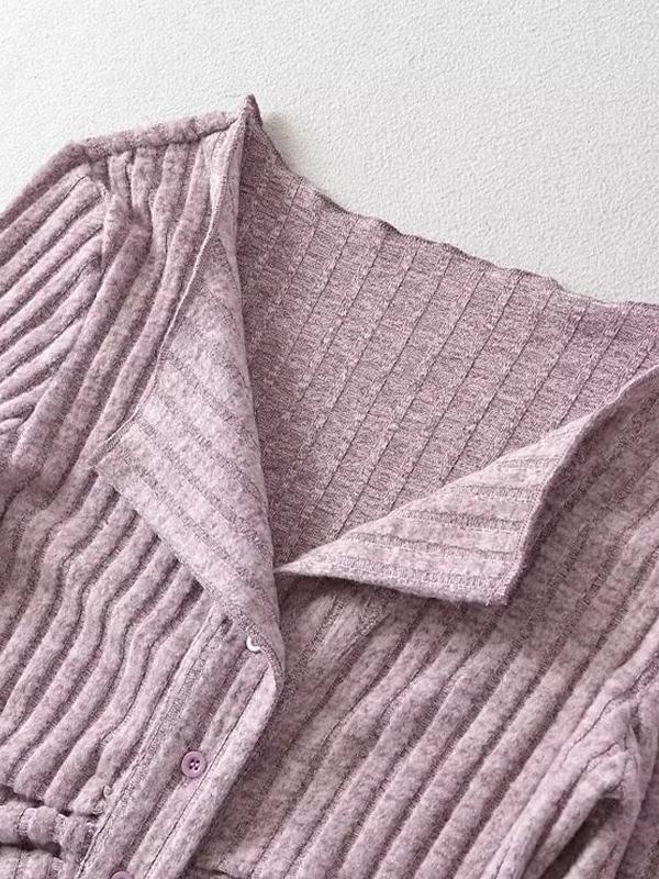 Solid Color Lapel Neck Ruched Breasted Long Sleeve Knit Product Image