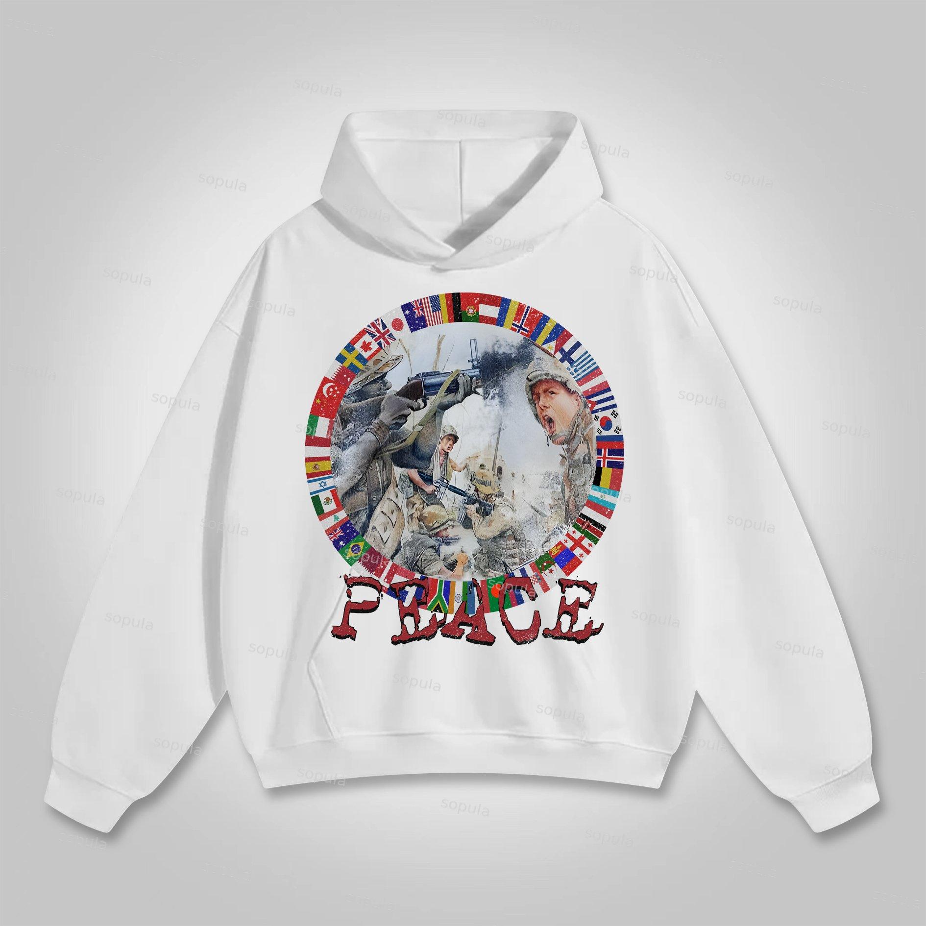 Fashion Peace In War Print Graphic Loose Hoodie Product Image