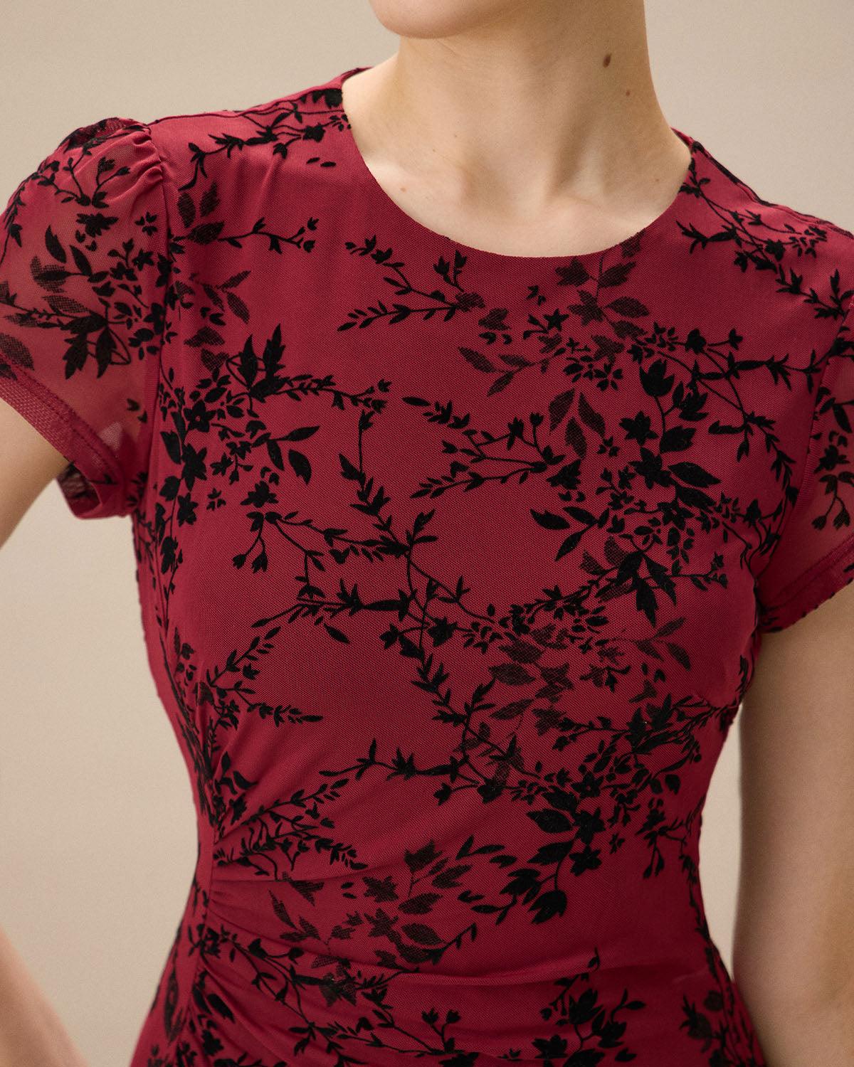 Red Floral Boat Neck Mini Dress Product Image