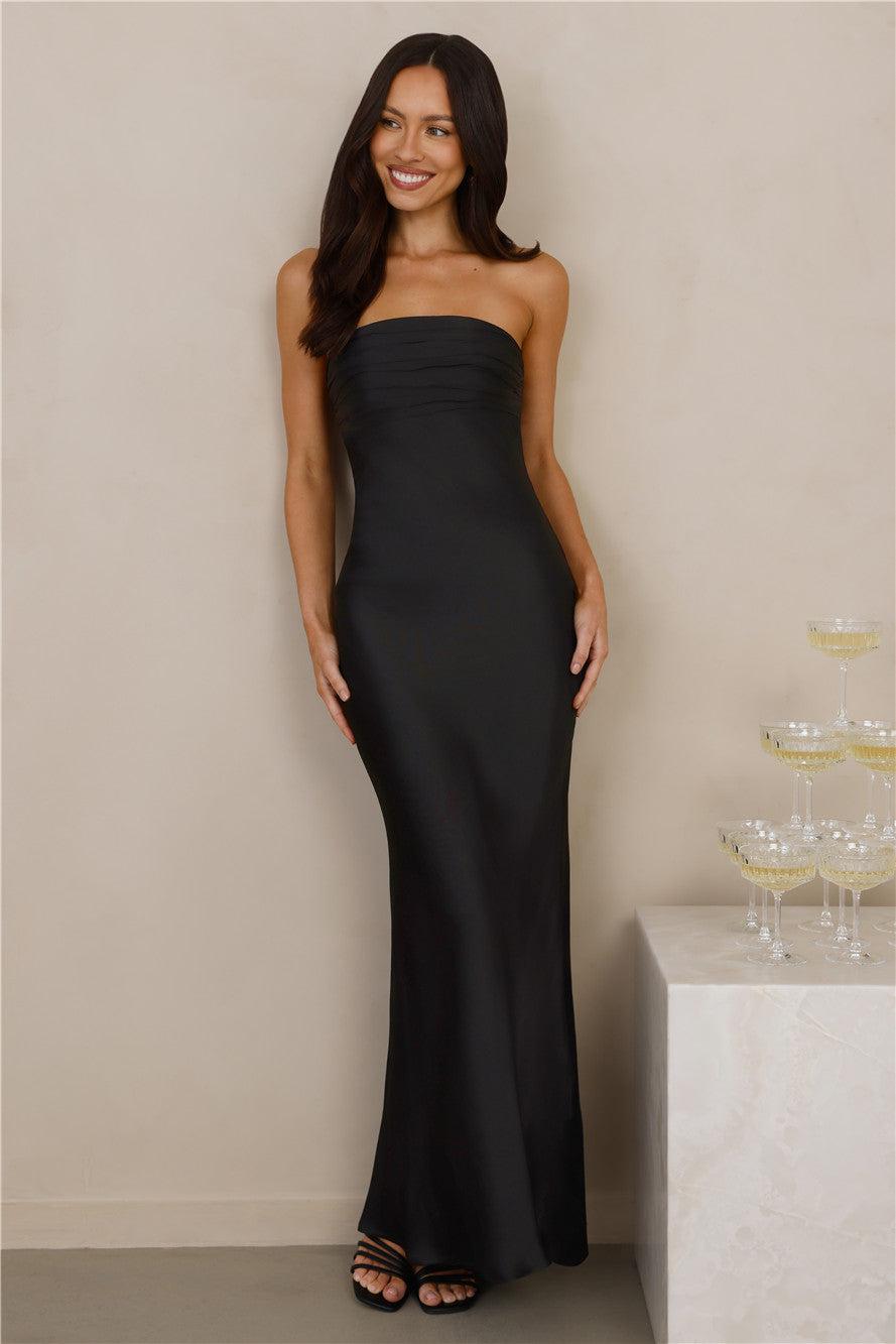 The Seraphina Strapless Satin Maxi Dress Black Product Image