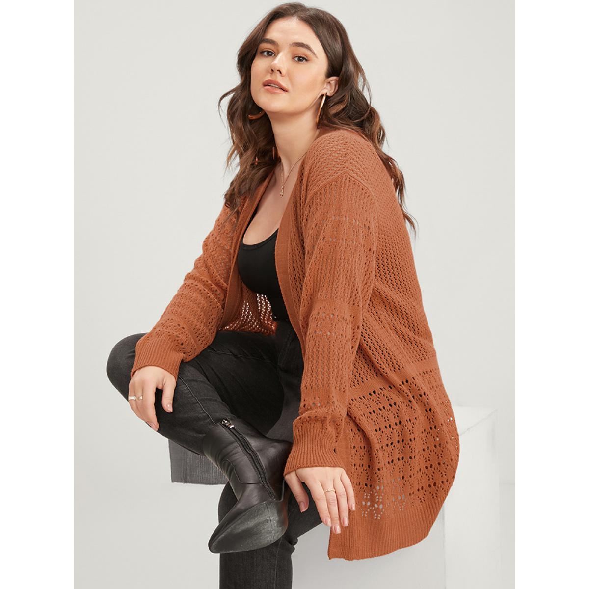 Plus Size Plain Pointelle Knit Open Front Asymmetrical Cut Out Cardigan Chocolate Women Casual Loose Long Sleeve Dailywear Cardigans BloomChic 10/M Product Image