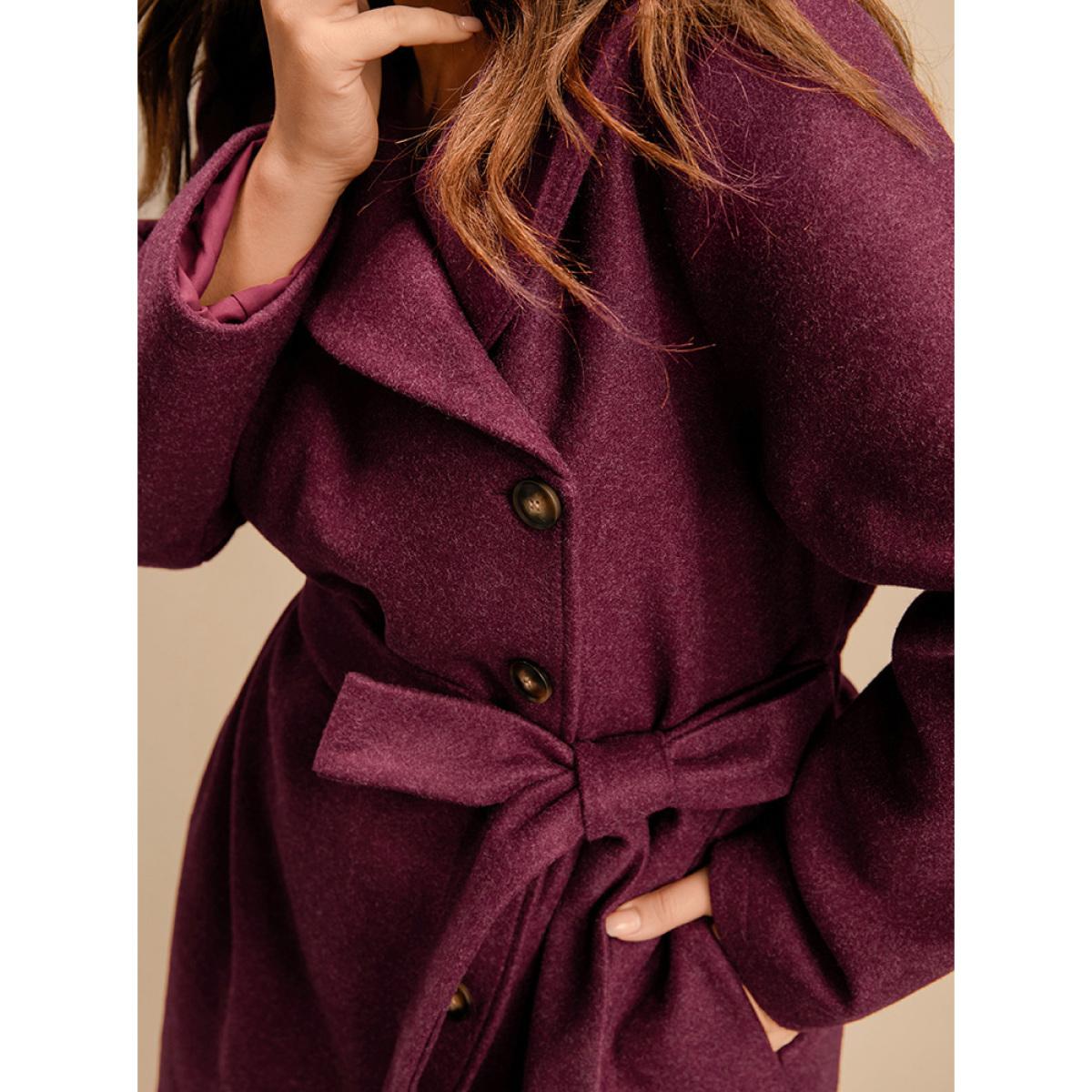 Plus Size Solid Foldover Collar Pocket Asymmetrical Hem Belted Coat Women Burgundy Elegant Cross straps Ladies Dailywear Winter Coats BloomChic 28/5X Product Image
