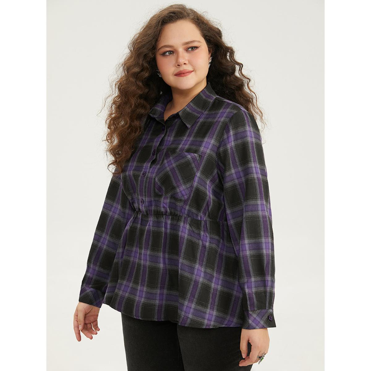 Plus Size Purple Halloween Plaid Shirt Collar Button Up Pocket Blouse Women Elegant Long Sleeve Shirt collar Dailywear Blouses BloomChic 14-16/1X Product Image