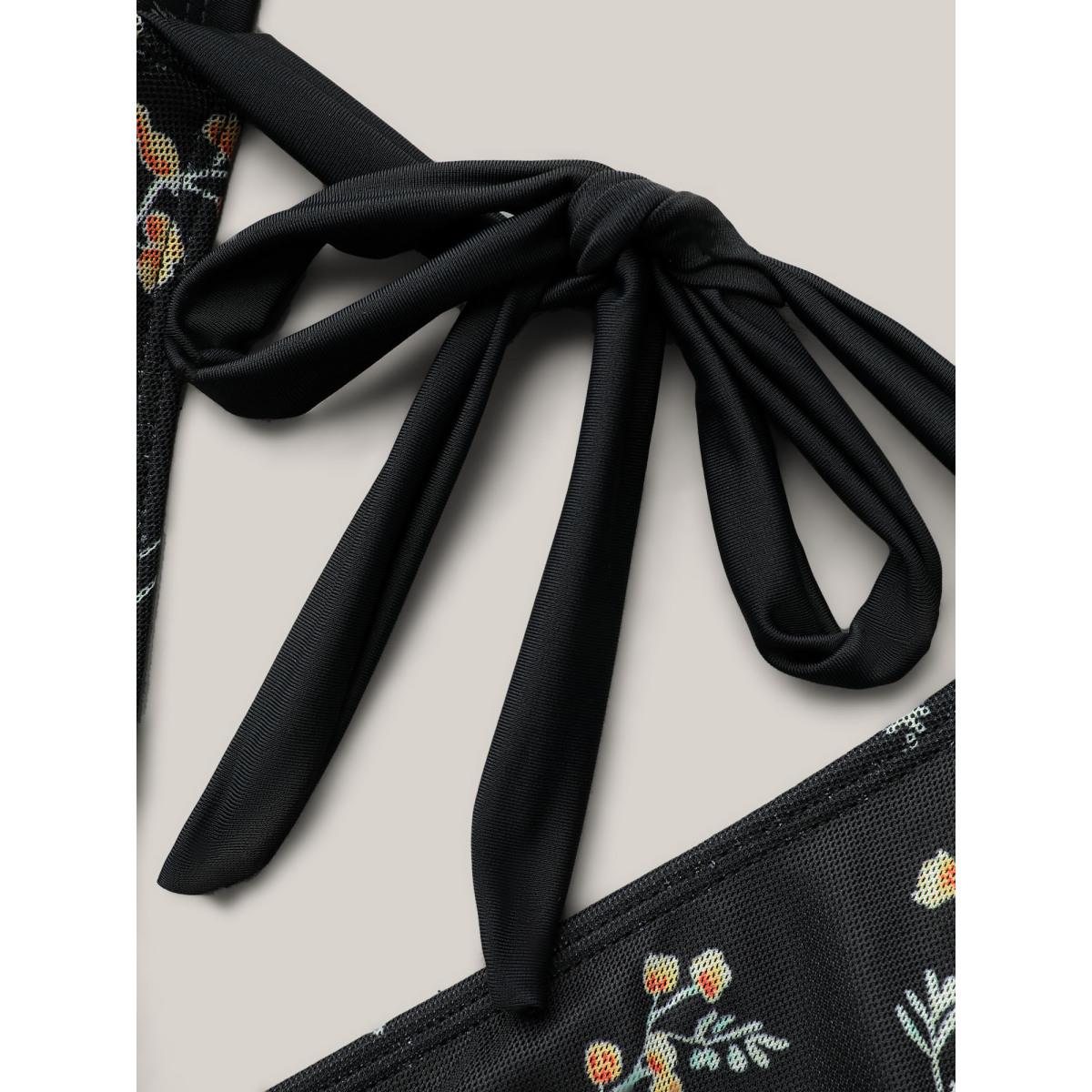 Plus Size Floral Mesh Sheer Splits Swim Dress Women's Swimwear Black Beach Bodycon Overlap Collar High stretch Curve Swim Dresses BloomChic 28/5X Product Image