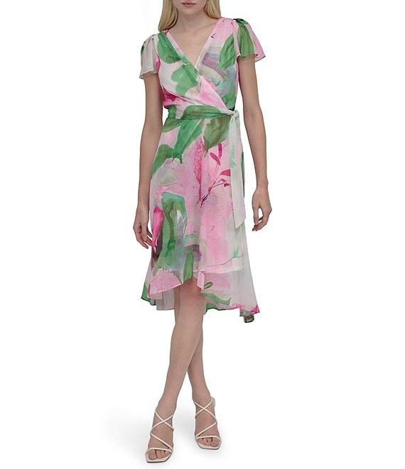 DKNY By Donna Karan Woven Floral Print V Neck Short Flutter Sleeve Wrap Dress Product Image