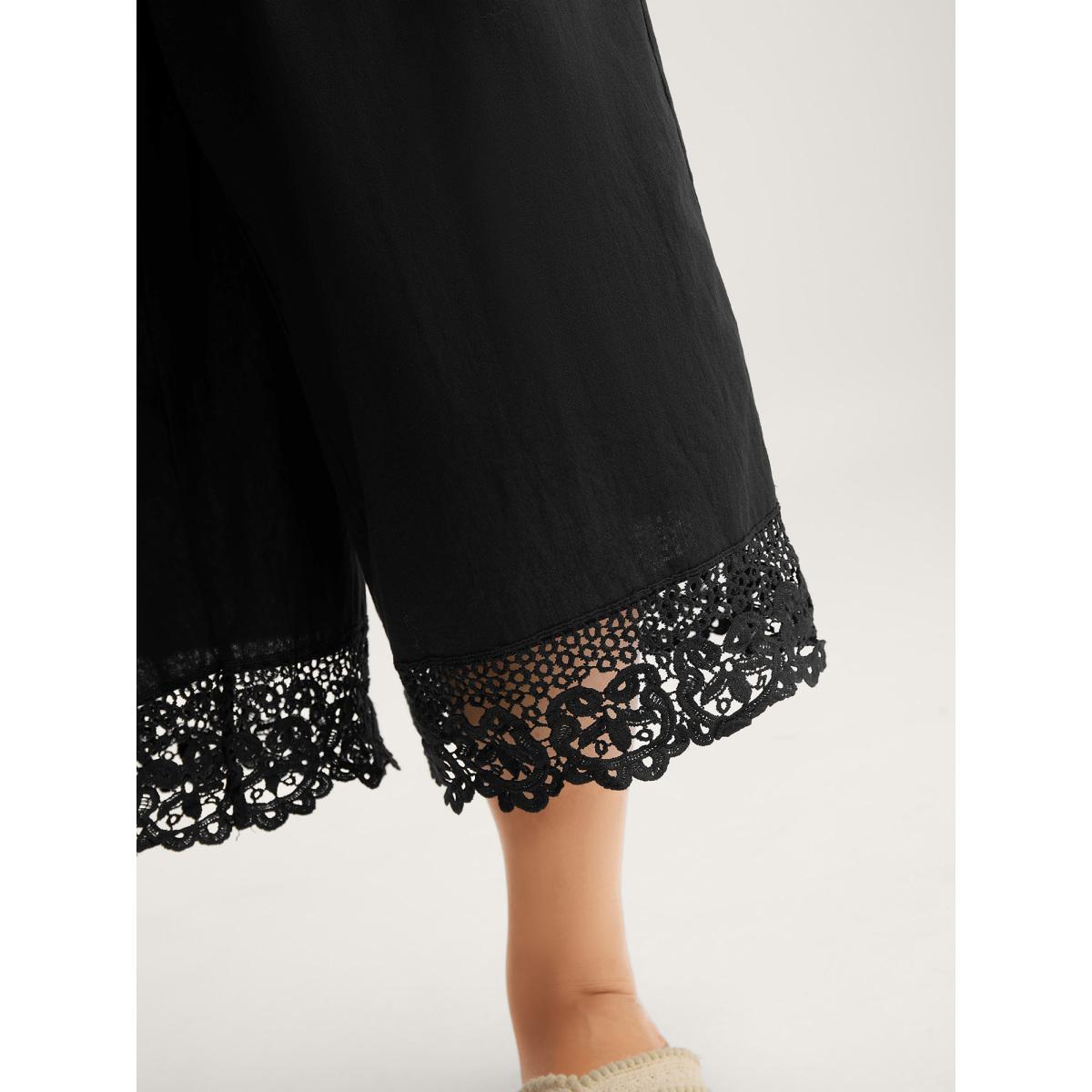 Plus Size Cotton Scalloped Lace Hem Wide-Leg Pants Women Black Boho Wide Leg Mid Rise Vacation Pants BloomChic 22-24/3X Product Image