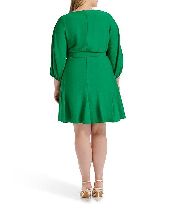 DKNY by Donna Karan Plus Size 3/4 Sleeve V-Neck Tie Waist Faux Wrap Dress Product Image