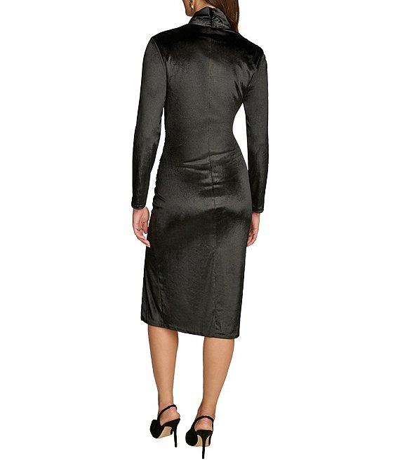 Donna Karan Satin Velvet Asymmetrical Neck Long Sleeve Sheath Dress Product Image