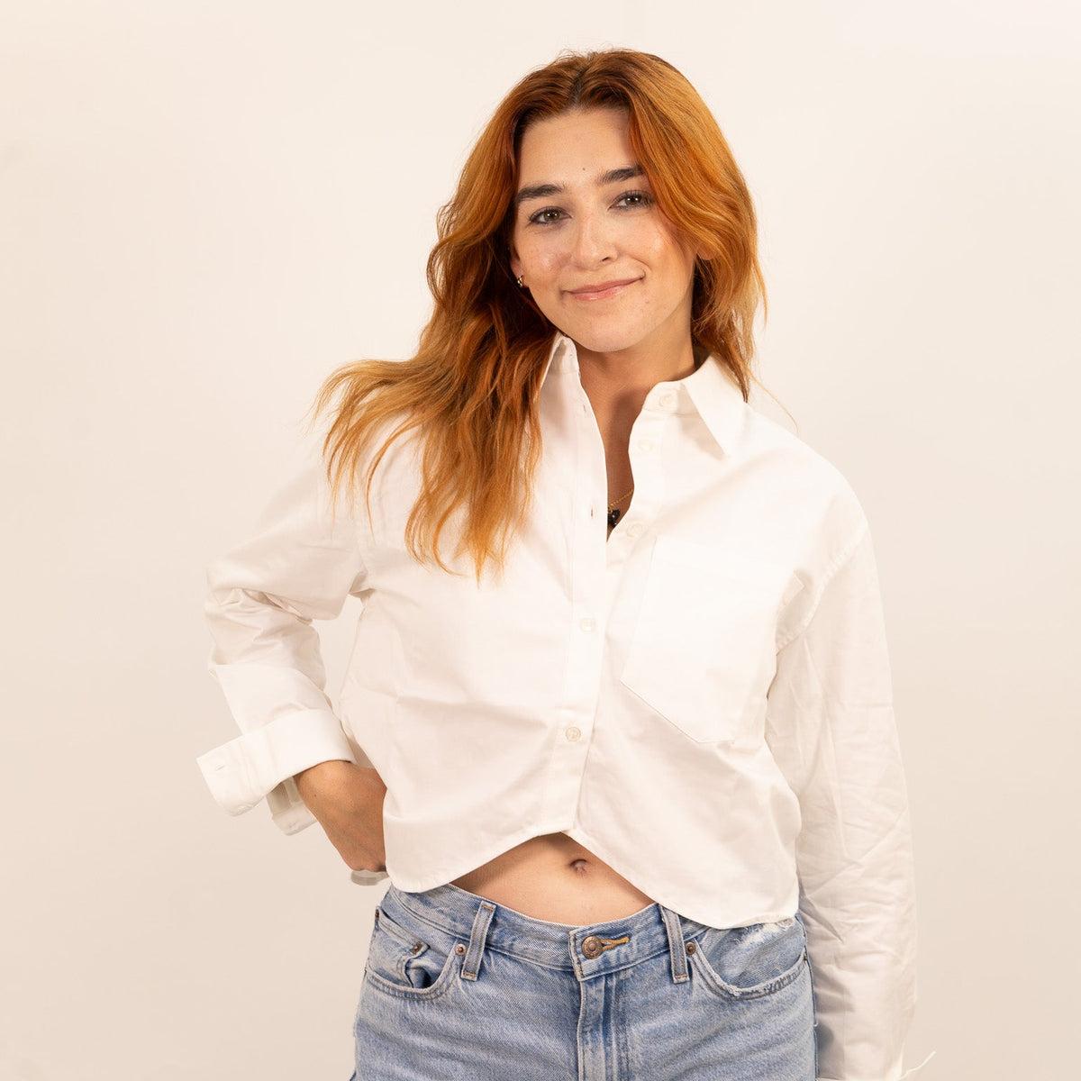 Moon River Cropped Curved Hem Shirt - White Product Image