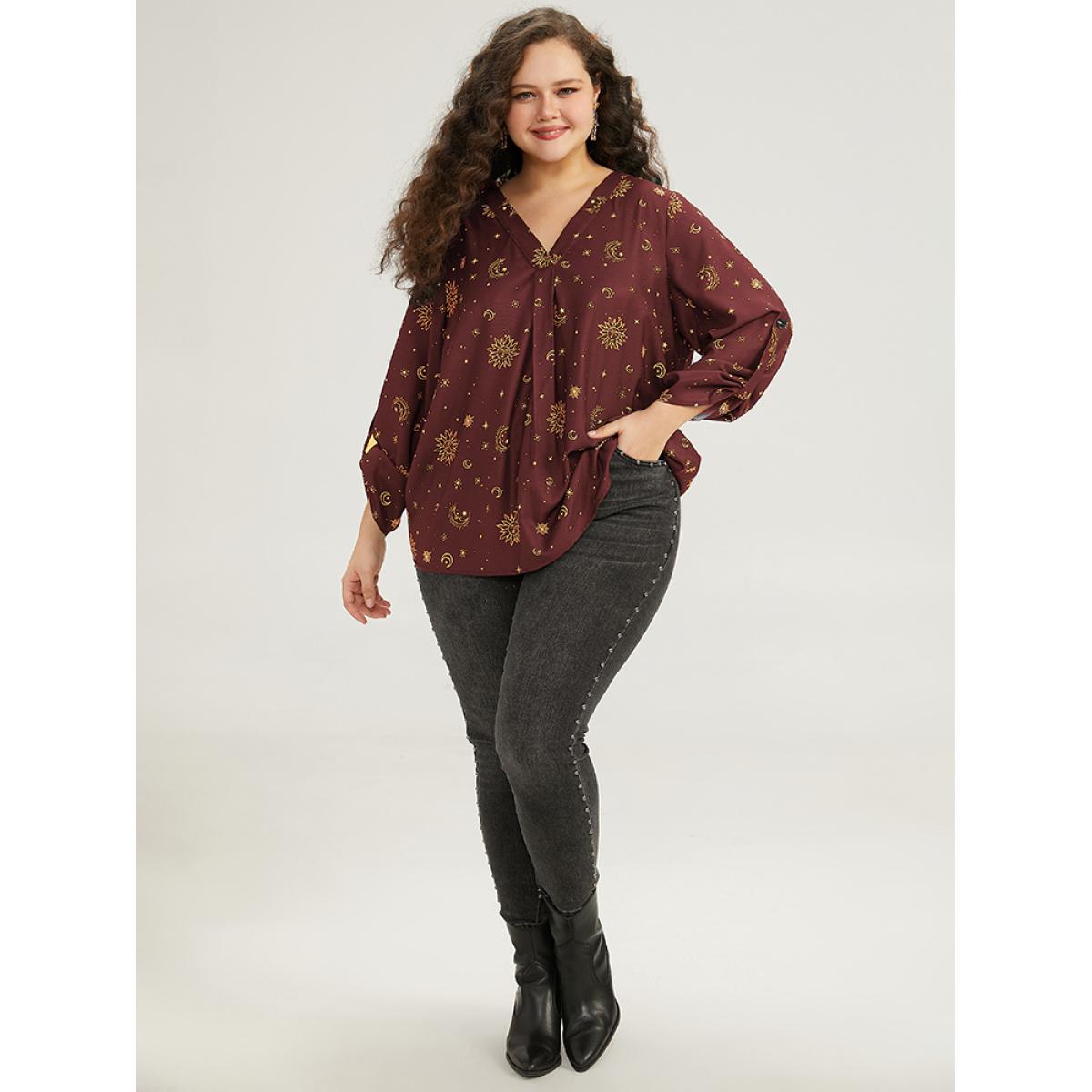 Plus Size Scarlet Halloween Moon & Star Print Pleated Tab Sleeve Blouse Women Elegant Elbow-length sleeve V-neck Festival-Halloween Blouses BloomChic 18-20/2X Product Image