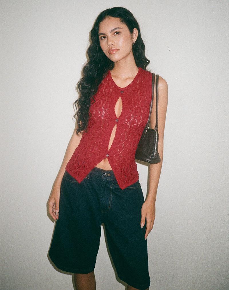 Birama Button Tank Top in Knit Red Female Product Image