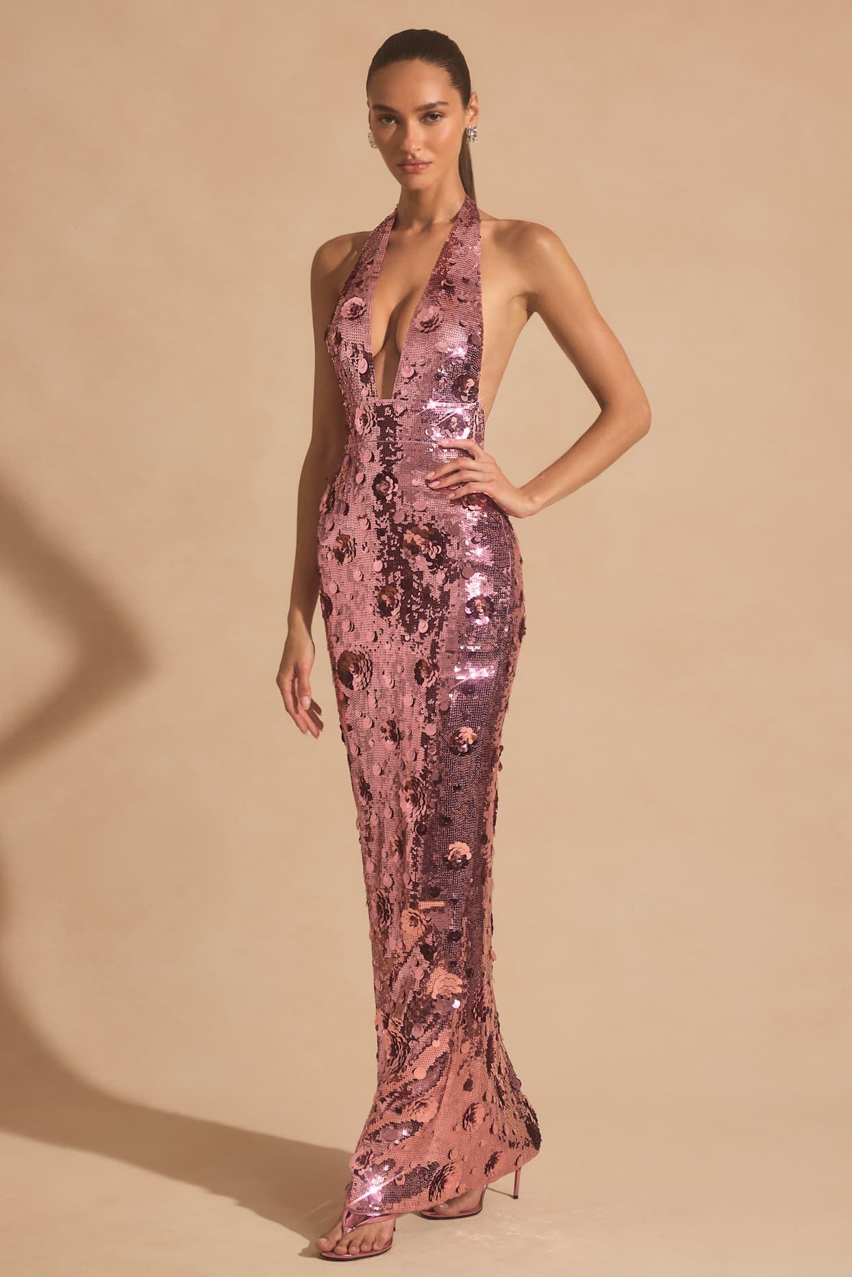 Sequin-Embellished Halterneck Maxi Dress in Pink Product Image