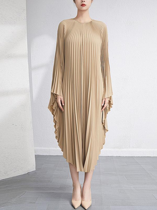 Batwing Sleeves Loose Pleated Solid Color Maxi Dresses Product Image