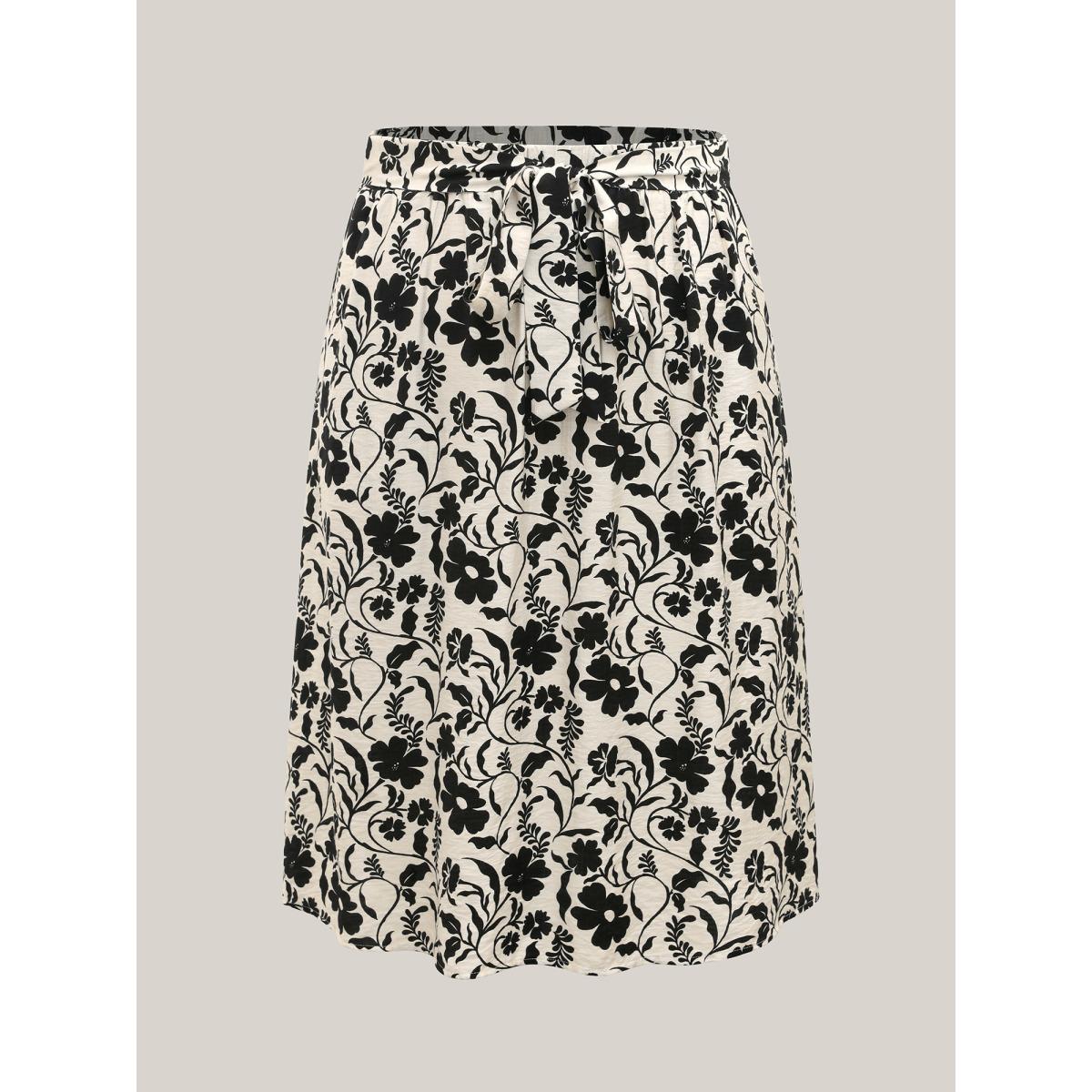 Plus Size Floral Print Belted Midi A-Line Skirt Women Originalwhite Loose No stretch Side seam pocket Belt Everyday-Casual Skirts BloomChic 30/6X Product Image