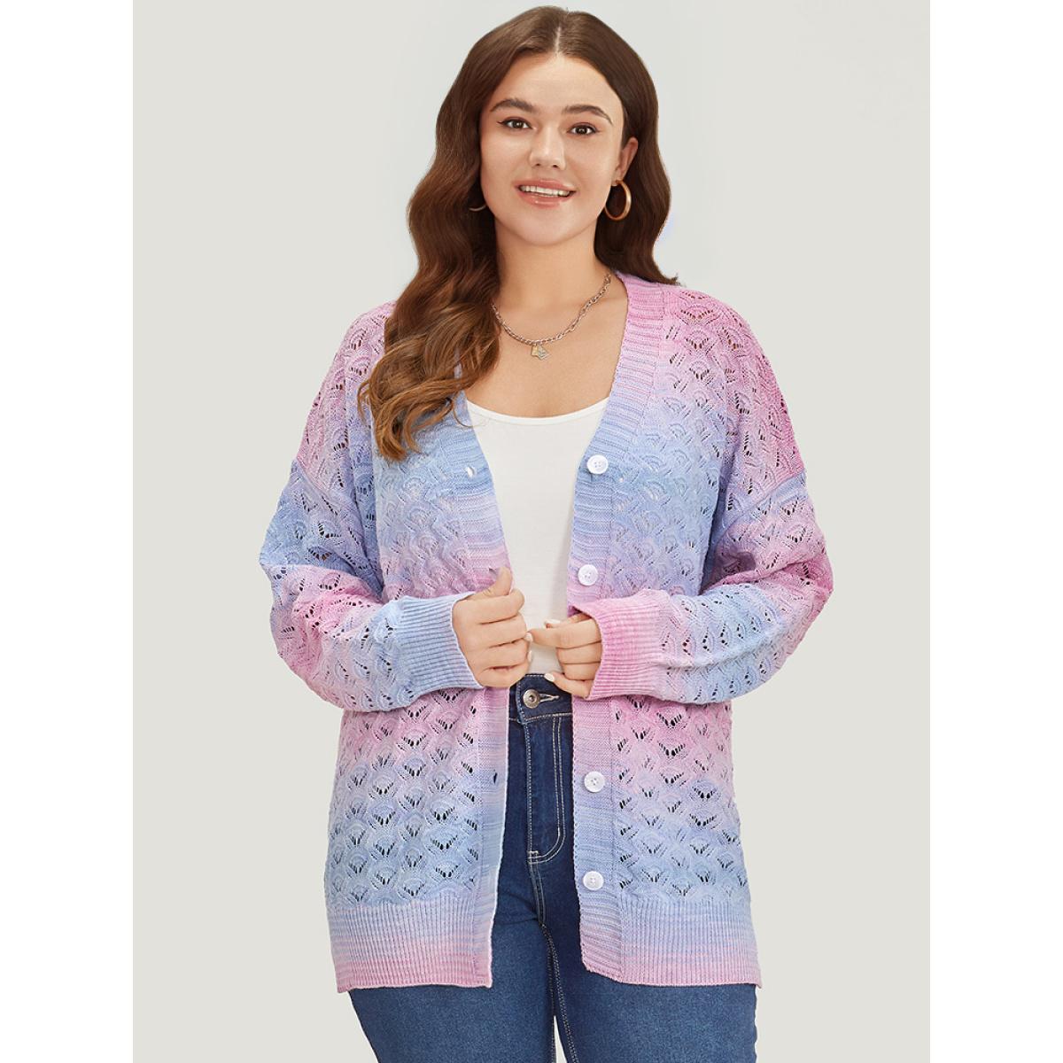 Plus Size Ombre Button Through Hollow Out Cardigan Multicolor Women Casual Loose Long Sleeve Dailywear Cardigans BloomChic 18-20/2X Product Image