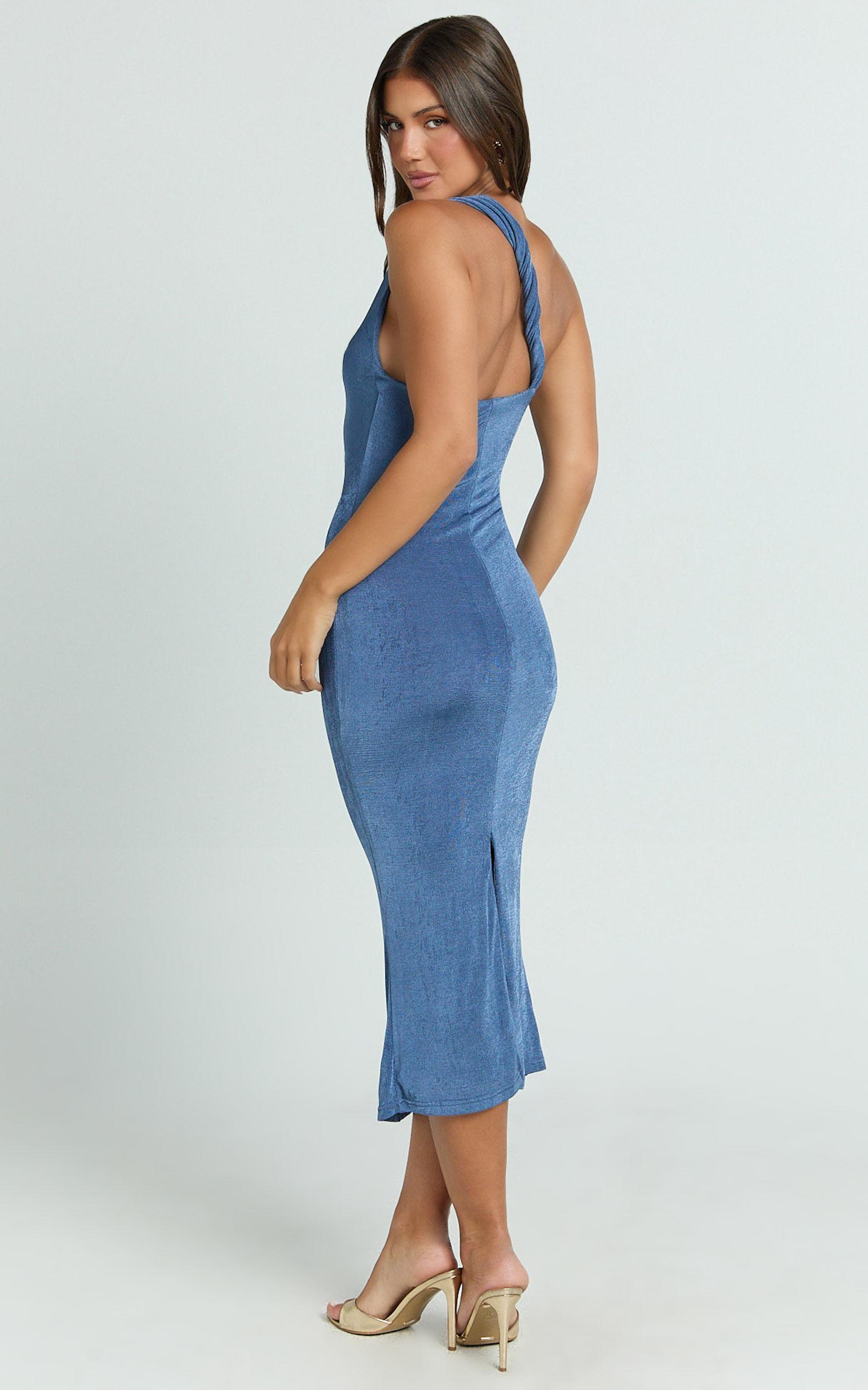 Arietty Midi Dress - One Shoulder Asymmetrical Ruched Dress in Steel Blue Product Image
