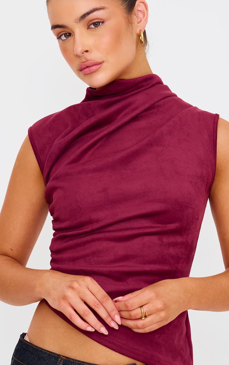 Burgundy Faux Suede High Neck Asymmetric Hem Long Top Product Image