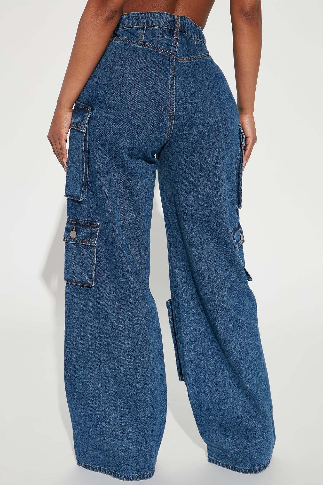 Lily High Rise Cargo Jeans - Medium Blue Wash Product Image