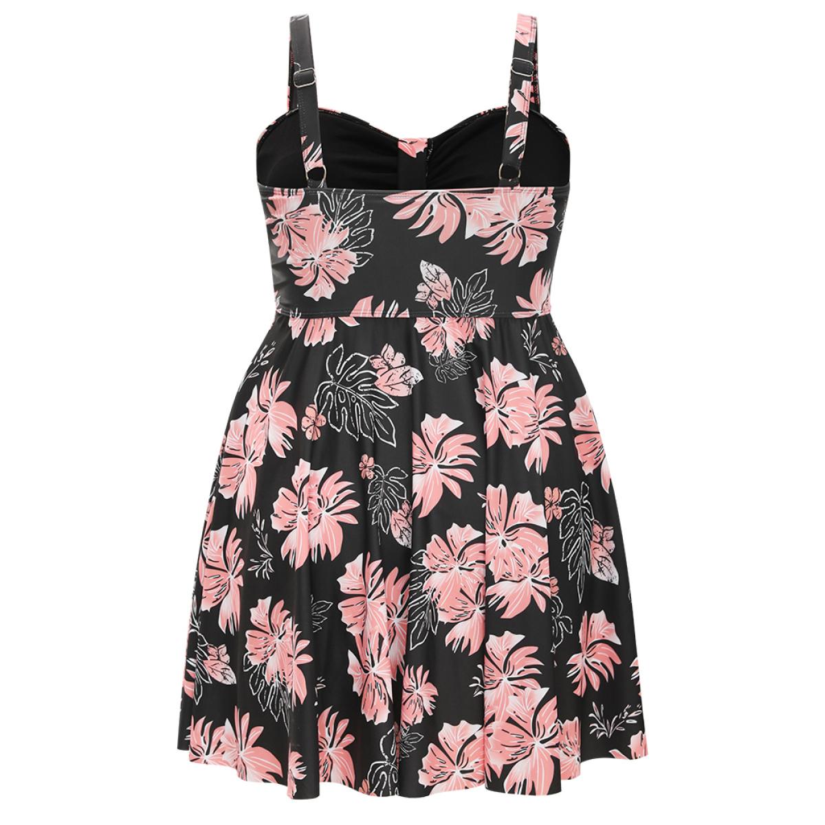 Plus Size Floral Print Gathered Adjustable Straps Swim Dress Women's Swimwear BlackFlower Vacation Bodycon Spaghetti Strap High stretch Curve Swim Dresses BloomChic 30/6X Product Image