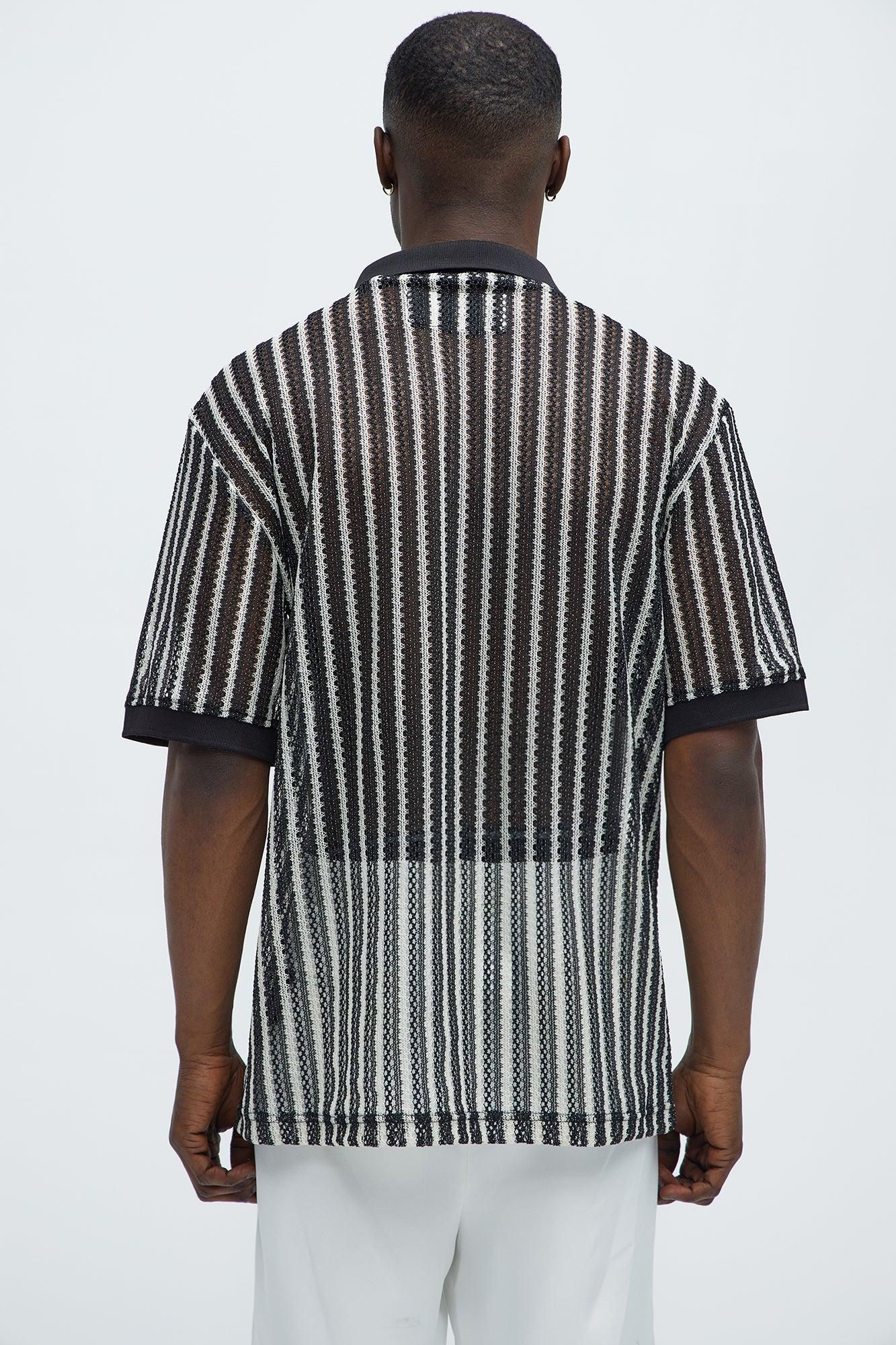 Striped Textured Johnny Collar Polo - Black/combo Product Image