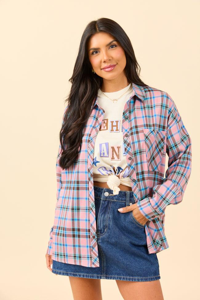 Rory Pink and Blue Plaid Flannel Button Down Top Product Image