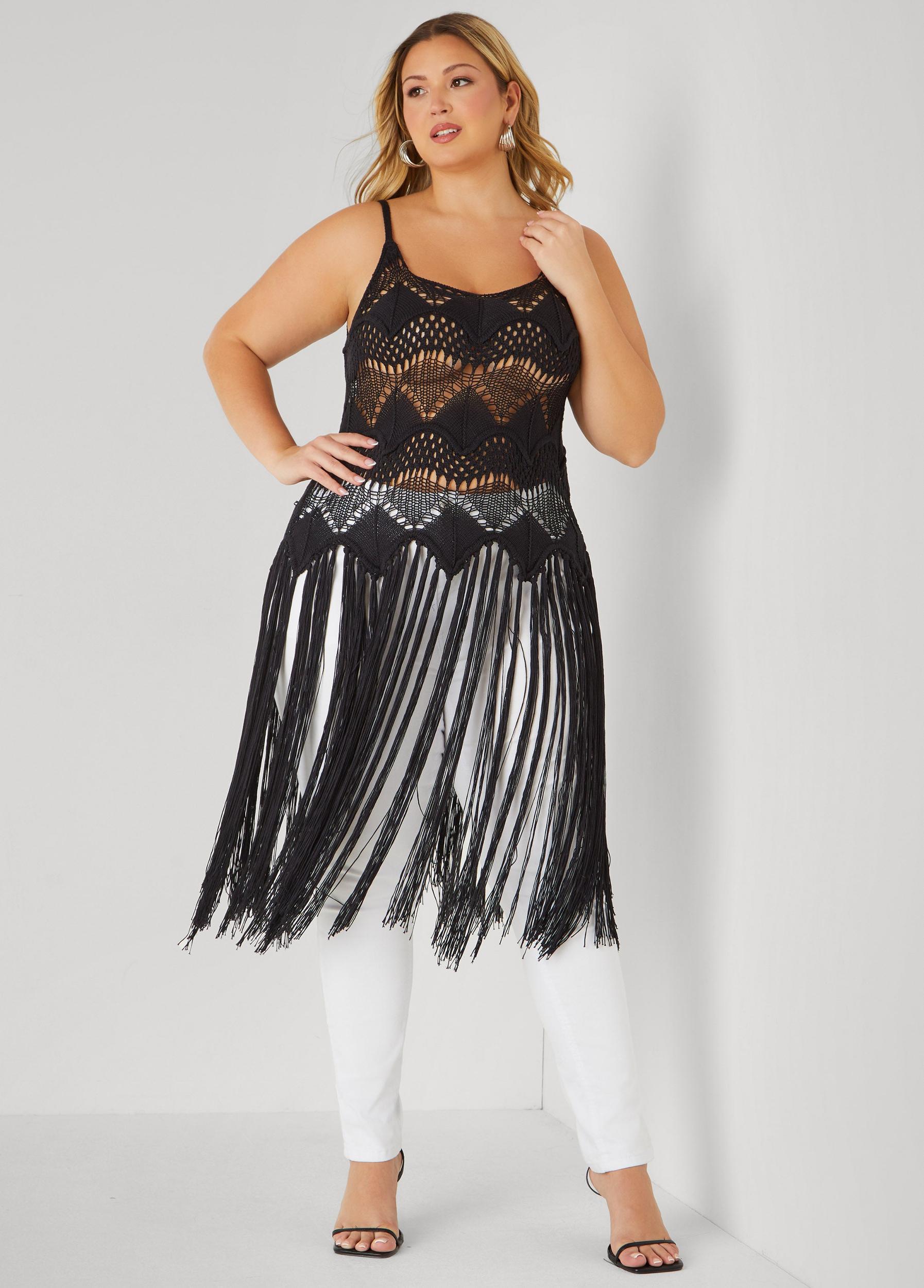 Plus Size Fringed Crochet Sweater Ashley Stewart Product Image
