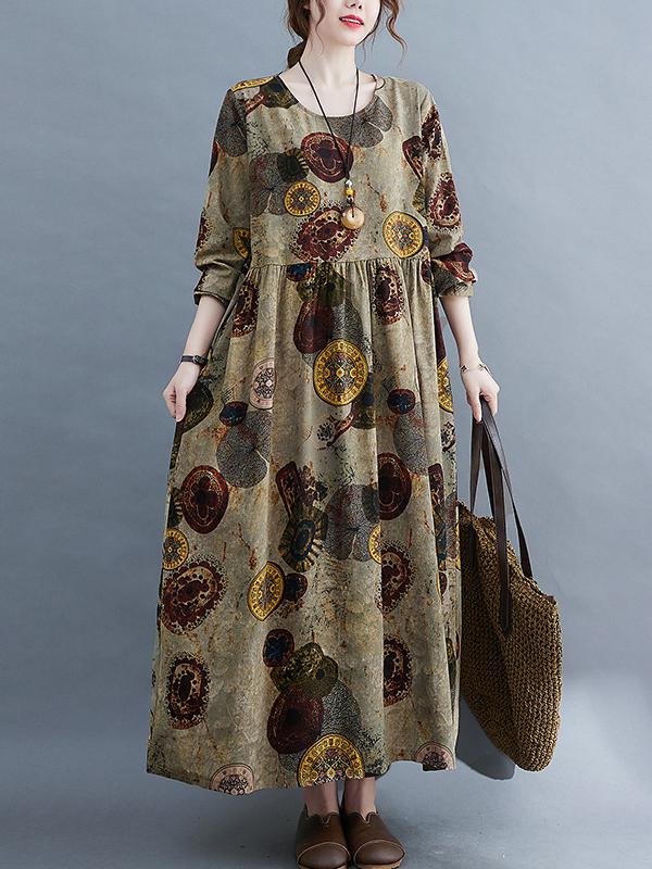 Artistic Retro Loose Long Sleeves Printed Round-Neck Maxi Dresses Product Image