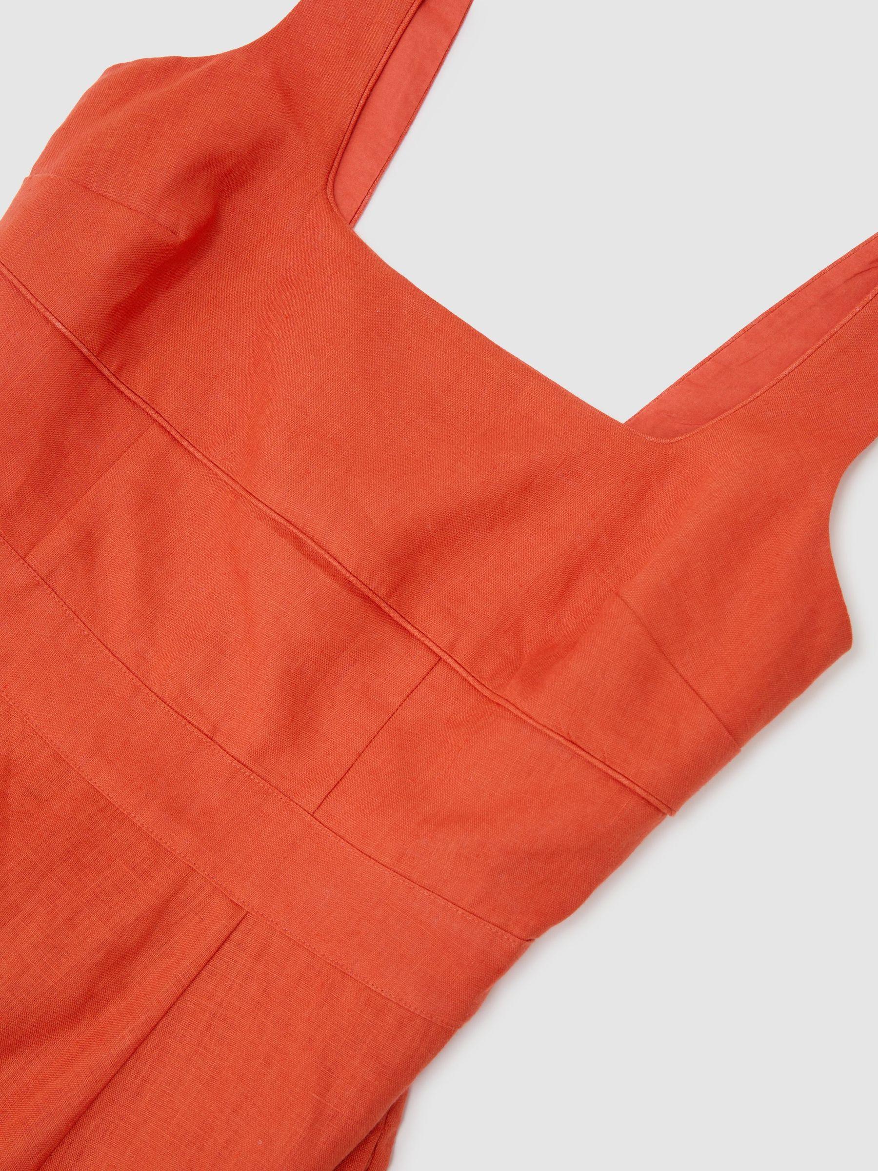 Linen Square-Neck Midi Dress in Coral Orange Product Image