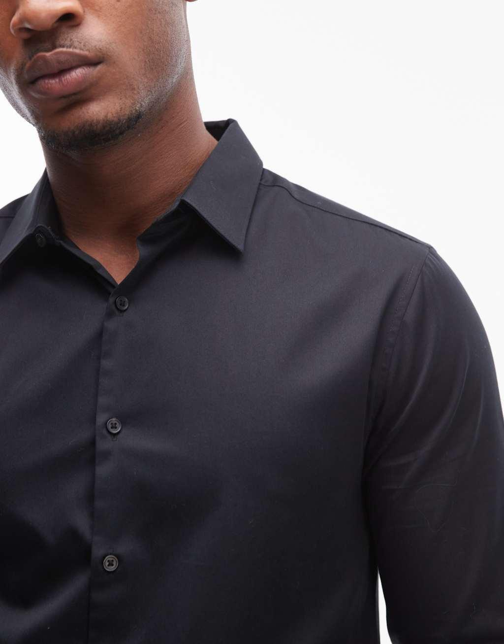 Topman long sleeve formal slim fit sateen shirt in black Product Image