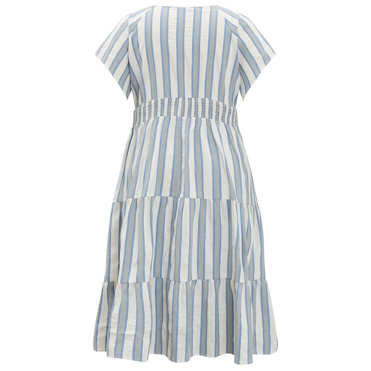 Plus Size Striped Contrast Pocket Shirred Flutter Tiered Dress Blue Women Resort Non V-neck Short sleeve Curvy Midi Dress BloomChic 10/M Product Image