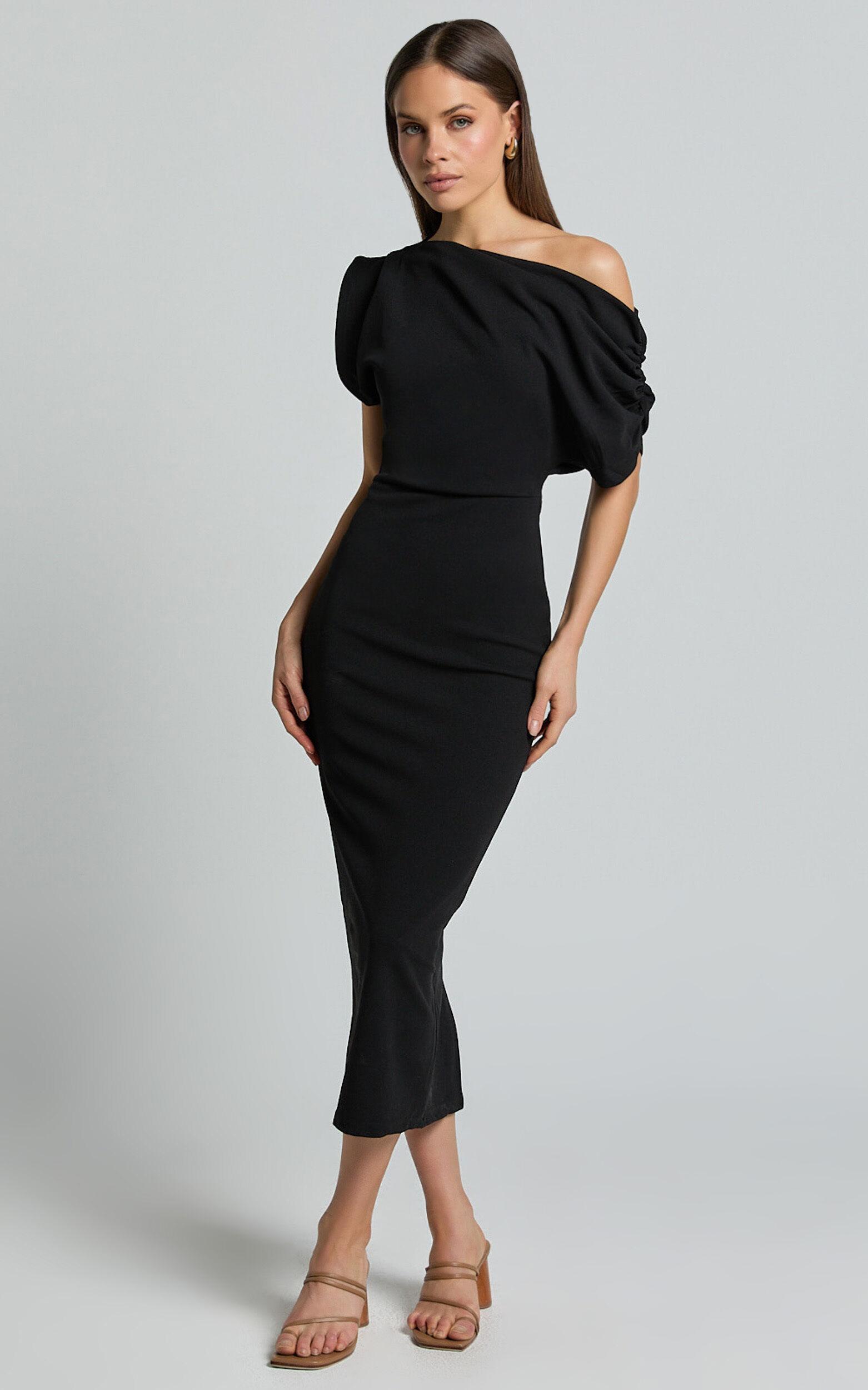 Nalfie Midi Dress - Tipped Shoulder Jersey Drape Dress in Black Product Image