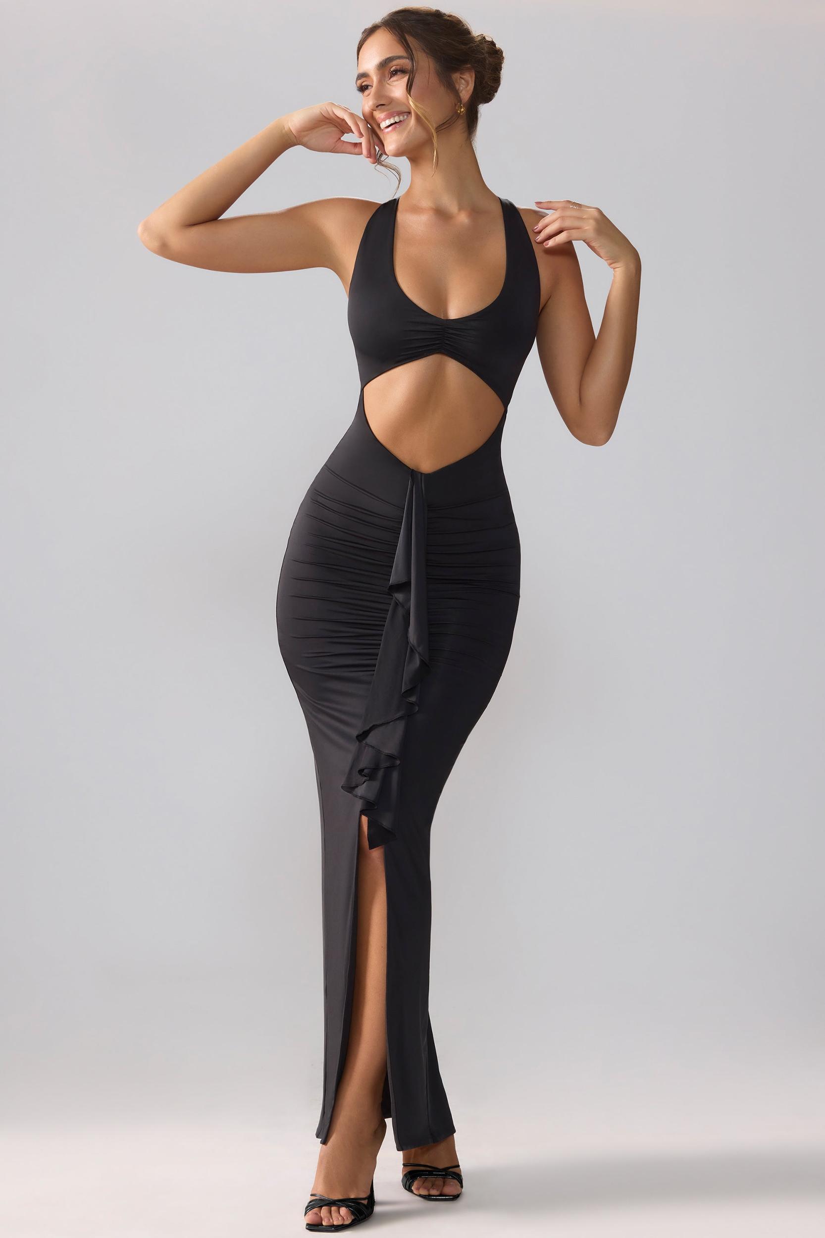Slinky Jersey Cut Out Ruffle Racerback Maxi Dress in Black Product Image